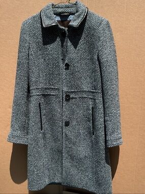 Coach Herringbone Black / Light Blue with Leather Trim Wool Coat